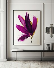Vibrant Purple Feather Art Hanging on Modern Minimalist Wall Decor