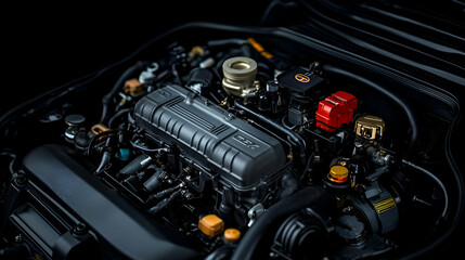 Fototapeta premium Closeup of a Black Car Engine with Detailed Components