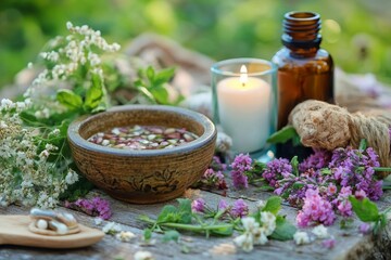 Tranquil spa setting with aromatherapy candle and floral arrangement in nature
