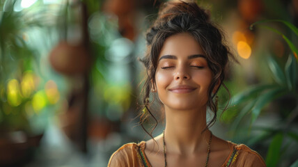 A healthy Indian woman living a balanced lifestyle, meditating with a joyful and content expression