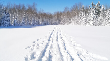 Fototapeta premium Winter wonderland! A snowy path winds through a pristine forest, untouched by human footprints except for the trail itself. Serene winter scene.