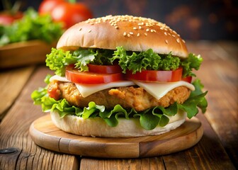 Delicious Chicken Burger On A Wooden Table
