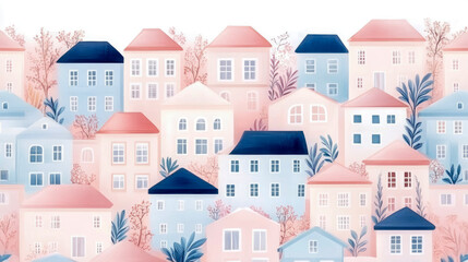 Fototapeta premium Pastel Townscape: Dreamy Neighborhood Illustration for Home Decor