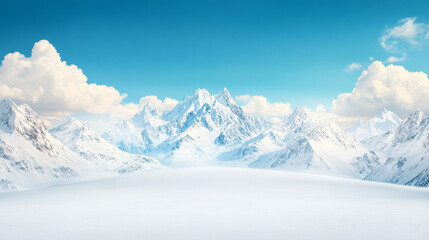 Obraz premium Serene winter landscape showcasing majestic snow-capped mountains under a vibrant blue sky. A breathtaking view of nature's beauty.