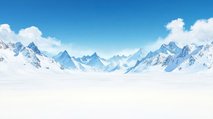Fototapeta premium Serene winter landscape featuring a vast expanse of snow, with majestic snow-capped mountains under a clear blue sky.