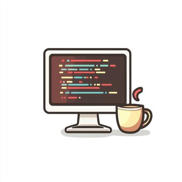 Coding computer with coffee