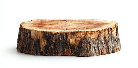 Isolated Wood Stump Cut Section Displaying Growth Rings on White Backdrop