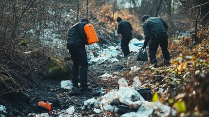 Criminal investigation at an environmental crime scene. Featuring officers documenting illegal dumping