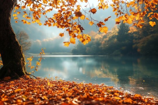 Tranquil autumn lake scene with golden leaves and misty morning light