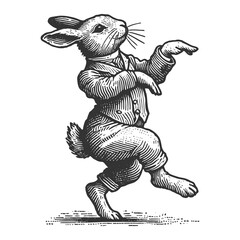 Fototapeta premium Dancing Easter bunny rabbit wearing a formal suit and bowtie, joyfully dancing sketch engraving generative ai fictional character raster illustration. Scratch board imitation. Black and white image.
