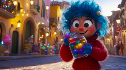 Fototapeta premium Celebration of Joy: A whimsical character holding a jar of sparkling treasures in a festive street, happiness