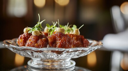 Gourmet veal sweetbreads presentation upscale restaurant food photography elegant environment close-up view culinary art