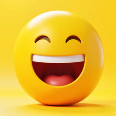 Fototapeta premium Large glossy 3D laughing emojis with an exaggerated joyful expression, smooth and reflective surface, bright yellow color