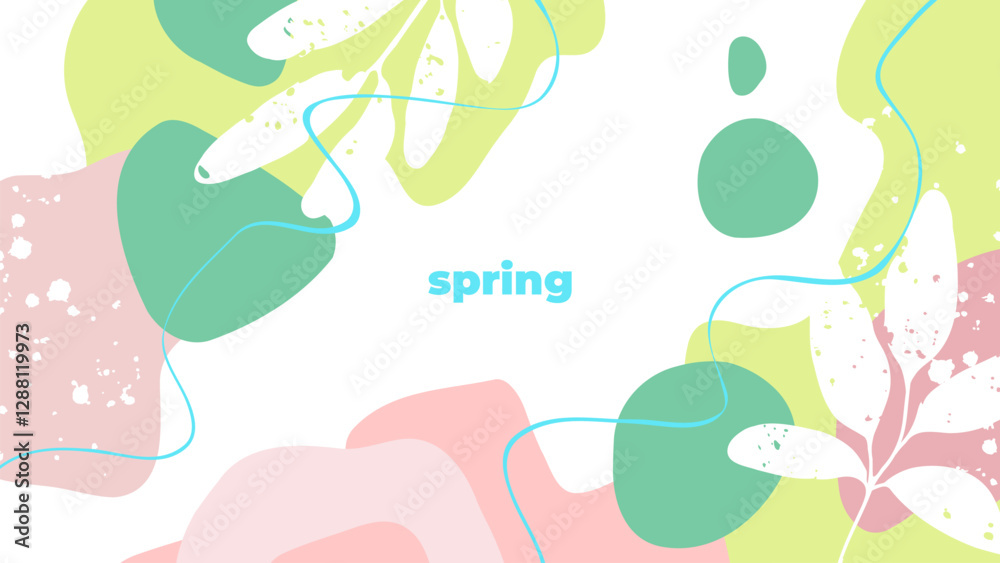 Fototapete Spring abstract background with various hand drawn dynamic shapes, blue wavy lines and white leaves for Springtime season creative graphic design. Vector illustration.