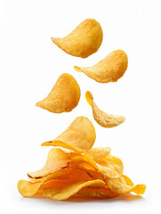 Crispy Salted Potato Chips on White Background