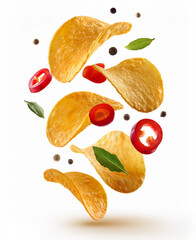 Spicy Potato Chips on White Background