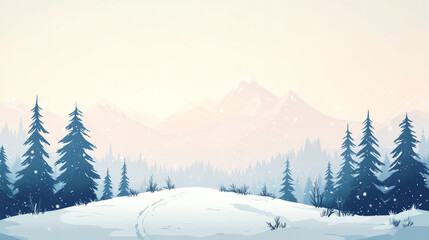 Serene winter landscape featuring snow-covered hills, a tranquil forest of evergreen trees, and majestic mountains in the background, bathed in soft, pastel light.