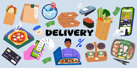 Food, products from the supermarket and ready lunches retro stickers. Collection of delivery service, fast food, courier service. Delivery food, takeaway lunch. Payment methods