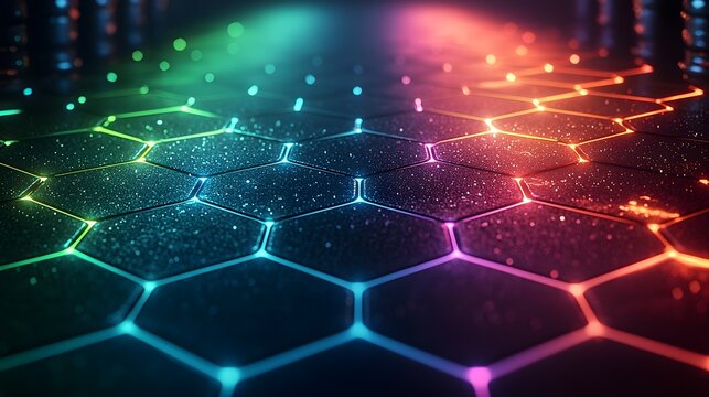 Glowing Neon Hexagonal Grid in Vibrant Electric Blue and Green Tones - Powered by Adobe