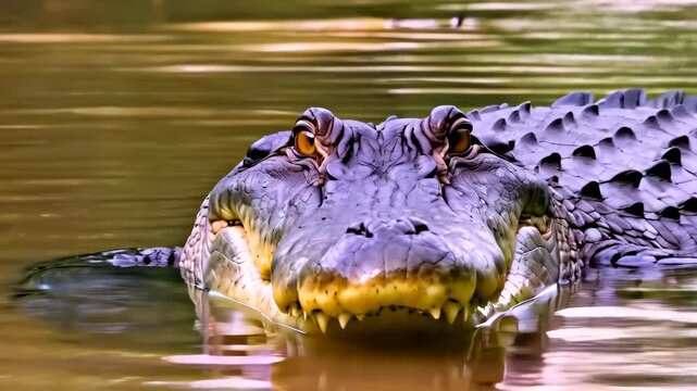 Large alligator swimming in swamp with birds in the background