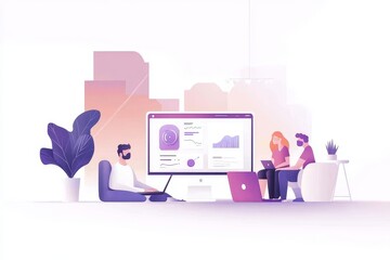Fototapeta premium Monitoring and analyzing data is depicted in a modern desktop illustration, where cartoon tiny people use a magnifying glass to research graphs, charts, and diagrams on a laptop screen to track