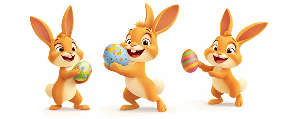 Obraz premium Smiling cartoon bunnies with festive eggs, designed in a lively and colorful Easter-themed layout.