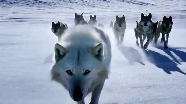 White wolf leading pack running on snow