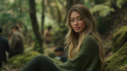 Obraz premium portrait of a young woman sitting on a moss-covered rock in a forest. She is wearing a green sweater and has long blonde hair that is styled in loose waves.