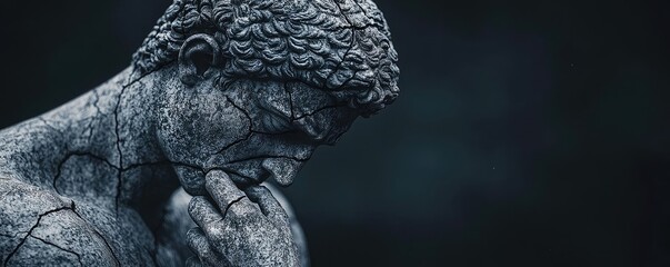 Weathering process idea. A somber statue reflects deep thought and contemplation in dark surroundings.