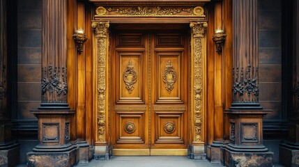 A grand double door with intricate golden carvings, framed by rich wooden panels and ornate details, inviting entry into a world of luxury and elegance
