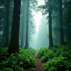 Obraz premium Misty forest landscape with towering trees and overgrown underbrush, calmness, greenery
