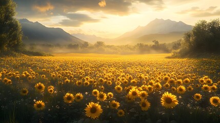 Fototapeta premium An Impressive Scene Celebrating World Wildlife and Flora Day, Showcasing a Giant Sunflower Field Illuminated by the Glowing Sunrise and the Richness of Nature