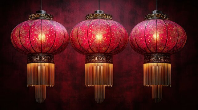 Chinese lanterns hanging, dark red background