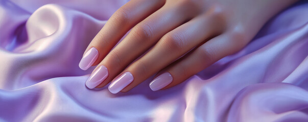 Fototapeta premium Soft pastel nails resting on silky fabric create elegant and serene atmosphere. gentle sheen of nails complements smooth texture of fabric, enhancing overall aesthetic
