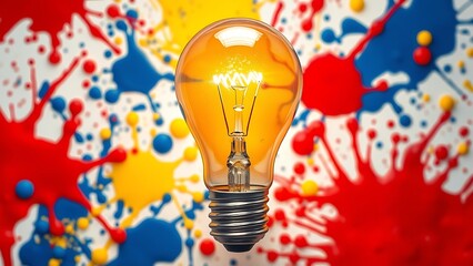 Bright lightbulb with colorful splatter background, symbolizing innovation, creativity, new ideas, and artistic inspiration in design and art.