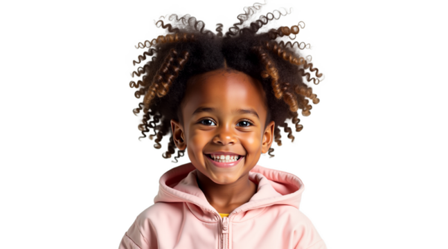 Smiling cute girl with dark skin and curly hair in pink jacket, isolated on Transparent background. Cheerful portrait for kids fashion, diverse projects, back to school designs.