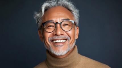 Obraz premium An elderly Asian man wearing glasses and a beard, smiling broadly.