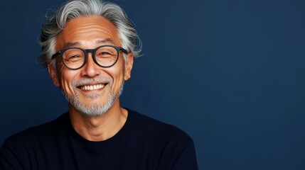 Obraz premium A smiling Asian man wearing glasses and a dark top.