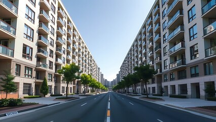 Symmetrical street with modern residential apartment buildings, representing urban architecture, city living, and urban development in modern cities