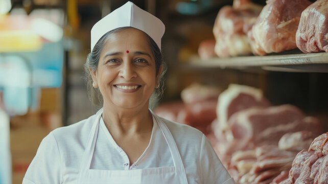 Happy mature indian woman in white shirt, white apron, white cap, butcher shop background