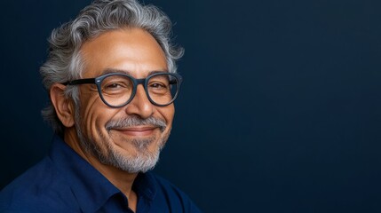 Fototapeta premium Man smiling against blue background.