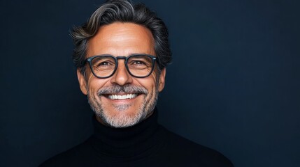 Obraz premium Man wearing glasses, beard, smiling at camera.