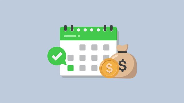 4k animation of calendar, green check mark, and money signifying financial planning and payment schedule. 