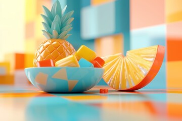 The concept of summer, vacation, and beach is beautifully represented in this fantastic composition, which features stock surreal fruits in a geometric style