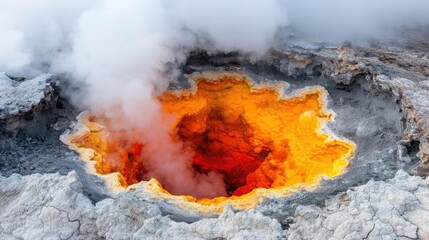 Weathering process idea. A breathtaking view of a vibrant volcanic crater with steam and fiery colors.