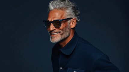 Fototapeta premium The image features an older man wearing sunglasses and a navy jacket, with short, grey hair.