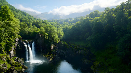 Fototapeta premium Lush Green Tropical Waterfall Cascading into a Pool