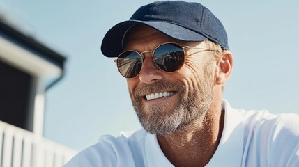 "The image features an older adult male, likely a public figure or athlete, smiling at the camera while wearing sunglasses, a cap, and a white t-shirt."