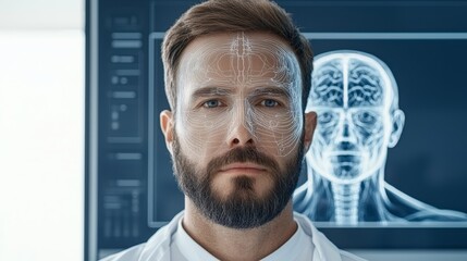 Obraz premium Professional Male Creative Director with Advanced AI Technology in Futuristic Laboratory Setting