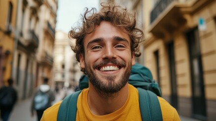 Fototapeta premium Man standing on street smiling.